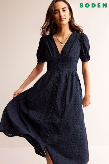Boden Black Broderie Midi Tea Dress (N70381) | £155