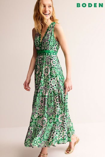 Boden Green Cotton Maxi Tie Neck love Dress (N70407) | £135