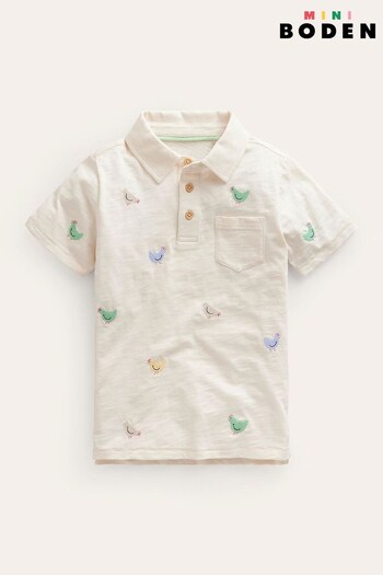Boden Cream Chicken Embroidered Slubbed Polo Shirt (N70432) | £21 - £23