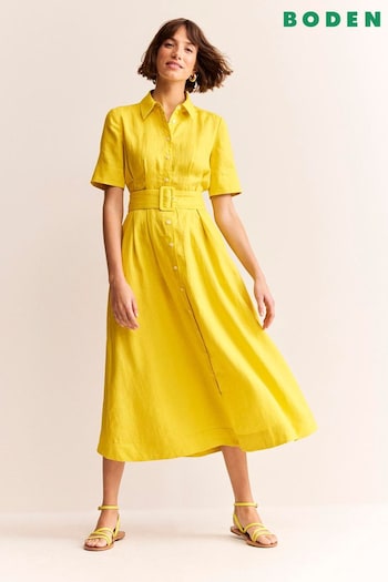 Boden Yellow Louise Linen Midi Shirt Dress (N70465) | £135