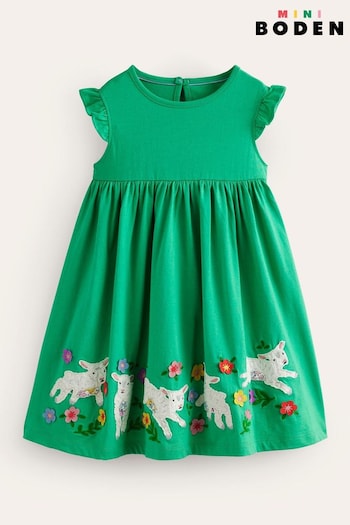 Boden Green Frill Sleeve Sheep Appliqué Dress (N70508) | £29 - £34