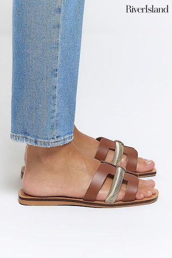 River Island Brown Leather Cut Out Strap  Sandals entrenamiento (N70849) | £30