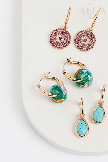 Aela Gold Tone Glass Bead And Turquoise Drop Earrings 3 Pack (N71029) | £15