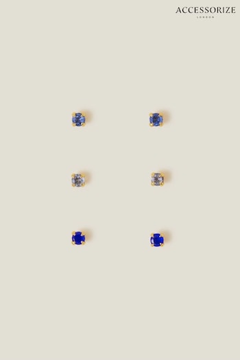 Accessorize Blue 14ct Gold-Plated Stud Earrings 3 Pack (N71107) | £18