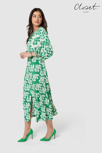 Closet London Green Print GatheNeck Midi Dress (N71109) | £110
