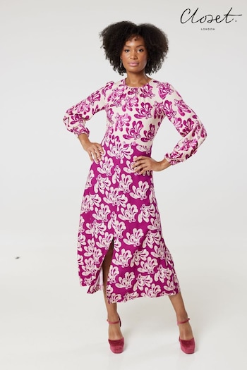 Closet London Pink Print Gathe Neck Midi Dress (N71151) | £110