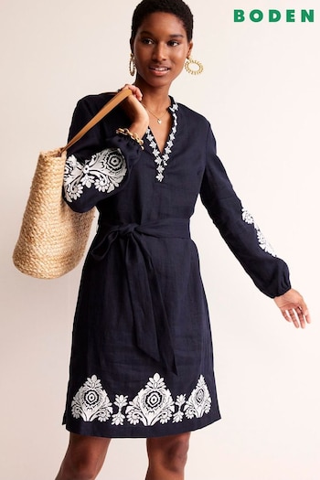 Boden Blue Cleo Embroidered Linen Dress (N71301) | £130