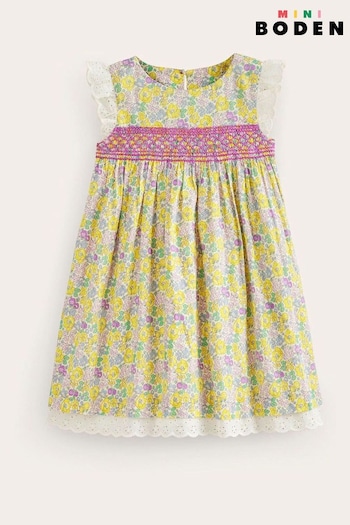Boden Yellow Smocked Lace Trim Dress (N71310) | £34 - £39