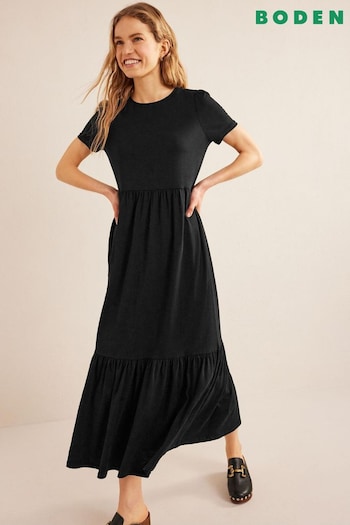 Boden Black Petite Emma Tiered Jersey Midi Dress (N71317) | £70