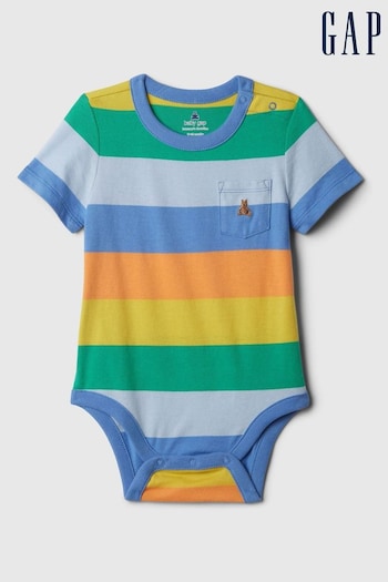 Gap Blue, Orange & Yellow Brannan Bear Stripe Pocket Short Sleeve Bodysuit (Newborn-24mths) (N71468) | £8