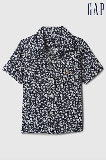 Gap Navy/Blue Brannan Bear Short Sleeve Print Linen Cotton Baby Shirt (12mths-5yrs) (N71469) | £15