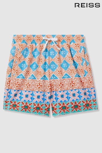 Reiss Orange Multi Arizona Floral Tile Print Drawstring Swim Shorts (N71502) | £30