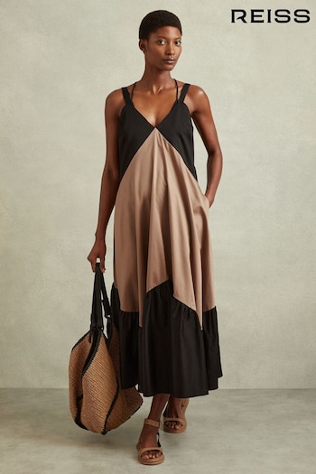 Reiss Brown/Black Natalie Cotton Colourblock Flounced Midi Dress (N71505) | £168
