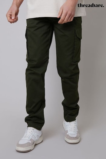 Threadbare Forest Green Cotton Cargo Pocket Chino Trousers With Stretch (N71589) | £32