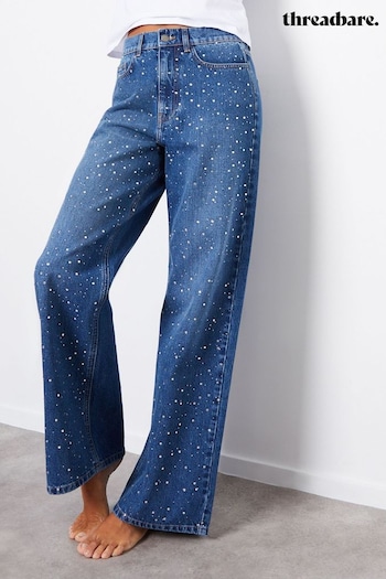 Threadbare Blue Embellished Wide Leg Denim Front Jeans (N71681) | £48