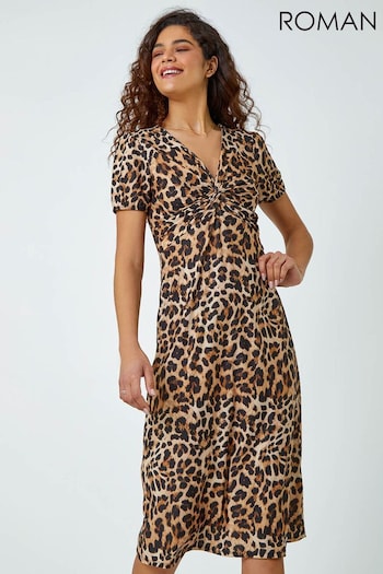 Roman Brown Animal Twist Front Stretch Midi Dress (N71958) | £40