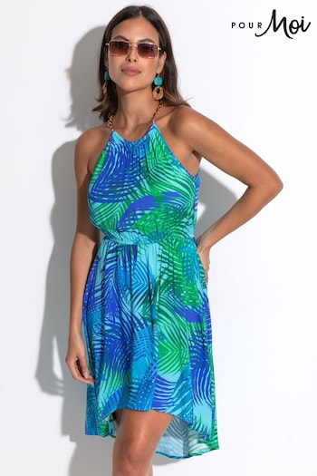 Pour Moi Blue LENZING™ ECOVERO™ Viscose Gold Chain High Neck Beach Dress fake (N72082) | £42
