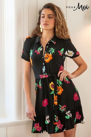Pour Moi Black Jodie Fuller Bust Slinky Jersey Tiered Hybrid Shirt Dress (N72130) | £45