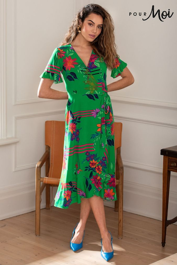 Pour Moi Green Multi Print Megan Fuller Bust Slinky Jersey Frill Detail Midi Wrap Dress (N72137) | £49
