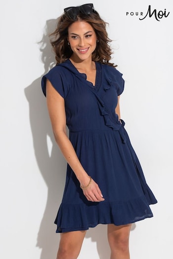 Pour Moi Blue LENZING™ ECOVERO™ Viscose Crinkle Frill Wrap Beach Dress fake (N72143) | £36