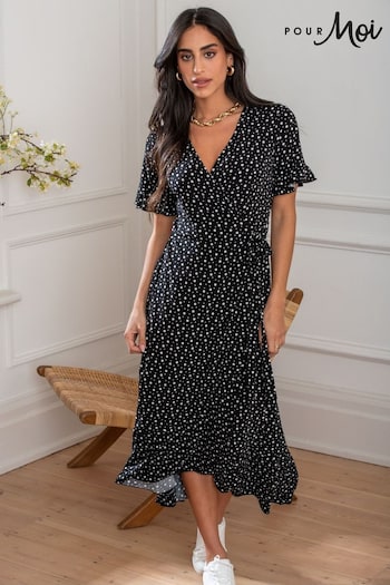 Pour Moi Black Polka Dot Megan Fuller Bust Slinky Jersey Frill Detail Midi Wrap Dress (N72149) | £49