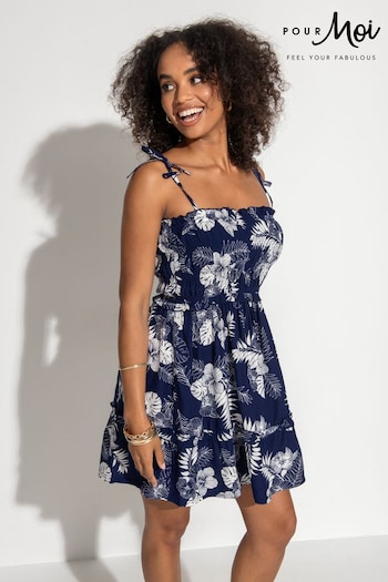 Pour Moi Blue Tie Straps Shirred Bodice Frill Beach Dress Dudalina (N72159) | £39