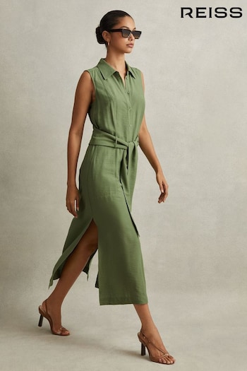 Reiss Green Morgan Petite Viscose Blend Belted 40f Shirt Dress (N72381) | £128