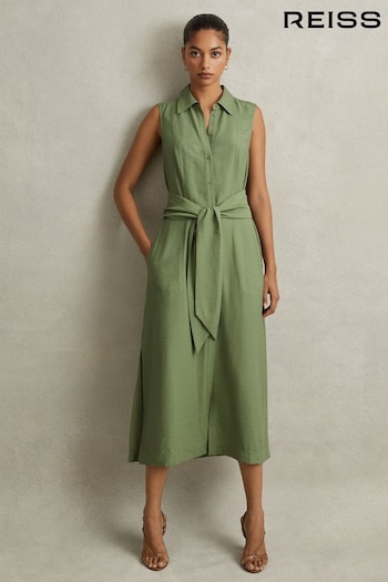 Reiss Green Morgan Viscose Blend Belted Shirt active Dress (N72411) | £128