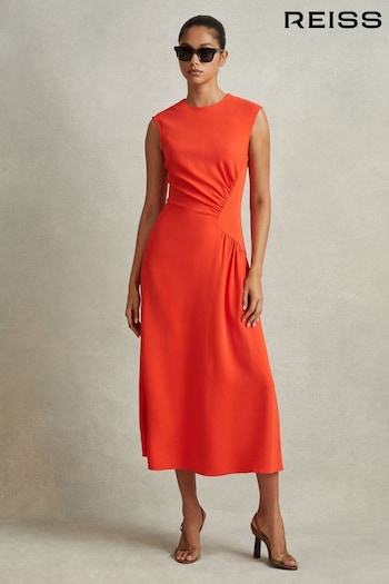 Reiss Orange Stacey Jersey Ruched Midi Dress (N72421) | £228