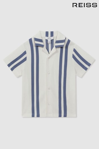Reiss White/Airforce Blue Castle Ribbed Striped Cuban Collar Shirt (N72476) | £34