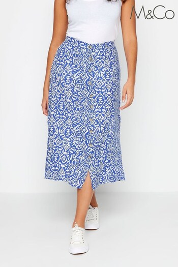 M&Co Blue Linen Feel Tile Print Midi Skirt (N72606) | £30