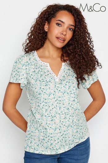 M&Co Green Floral Print Lace Trim T-Shirt (N72618) | £19