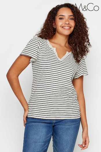 M&Co Black & White Striped Lace Trim T-Shirt (N72639) | £19