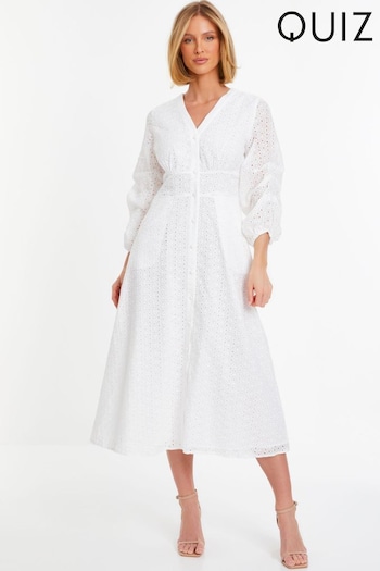Quiz White Broderie Anglaise Midi Dress With Long Sleeves (N72674) | £50