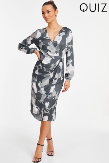 Quiz Grey Smudge Crepe Long Sleeve Midi Dress (N72677) | £48