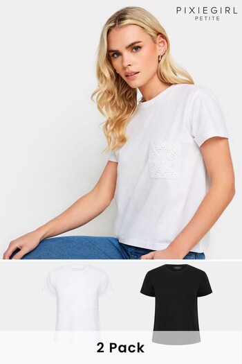 PixieGirl Petite White & Black Crochet Pocket Short Sleeve T-Shirts slim 2 Pack (N72684) | £22
