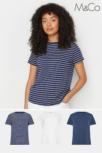 M&Co Navy Blue & White Cotton Crew Neck T-Shirts Sans 3 Pack (N72709) | £29