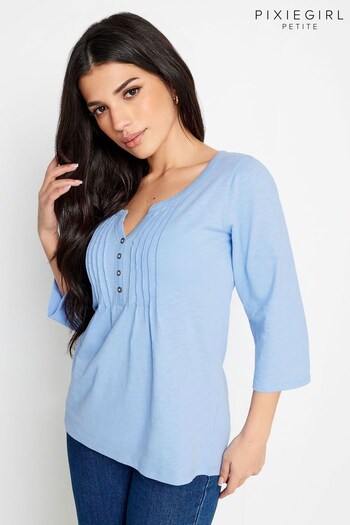 PixieGirl Petite Blue Henley Long Sleeve Cotton Blouses (N72727) | £22