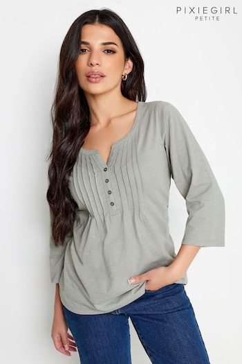 PixieGirl Petite Grey Henley Long Sleeve Cotton T-Shirt (N72735) | £22