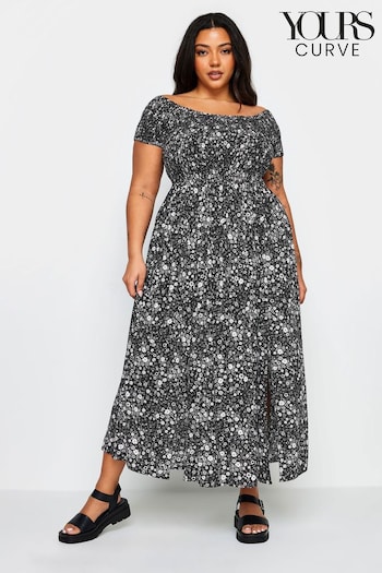 Yours Curve Black Ditsy Floral Print Shirred Bardot Maxi Dress (N72851) | £34