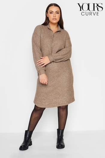 Yours Curve Brown Soft Touch Ribbed Half Zip Midi Dress (N72853) | £34