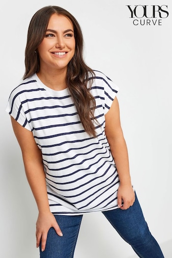 Yours Curve White Striped Grown On Sleeve T-Shirt (N72885) | £19