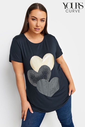 Yours Curve Blue Glitter Heart Print T-Shirt (N72904) | £22