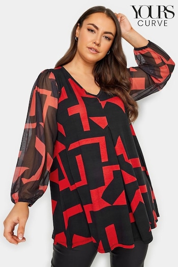 Yours Curve Red Mesh Sleeve Pleated Swing Top (N72979) | £26