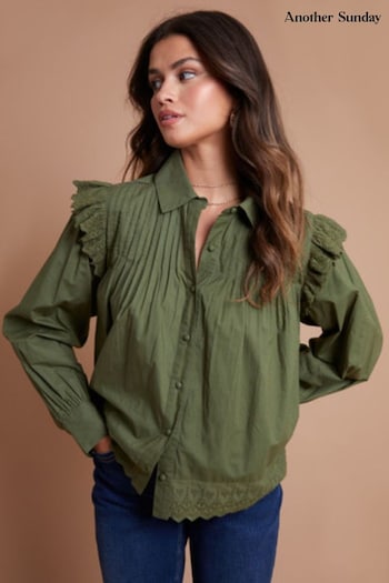 Another Sunday Green Pintuck Detail Lace Trim Shirt (N73089) | £38