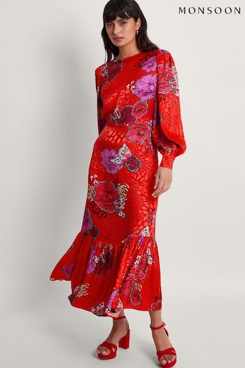 Monsoon Red Esme Floral Tea Dress (N73246) | £130