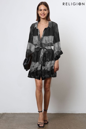 Religion Black Tie Dye Tunic Vans Shirt Dress With Kimono Sleeves (N73383) | £90