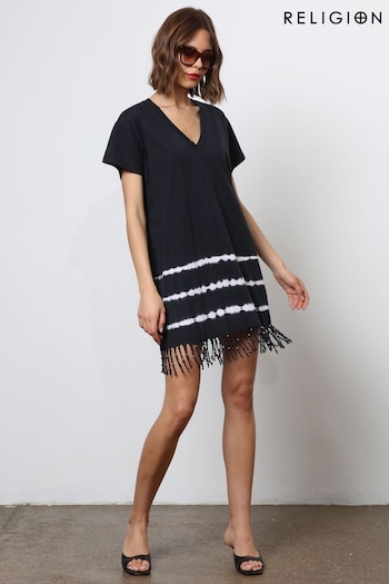 Religion Black Particle Mini Tunic Dress With Tie Dye and Tassles (N73386) | £64