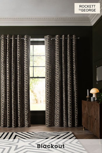 Rockett St George Black Midnight Daisy Eyelet Blackout Lined Curtains (N73390) | £60 - £155