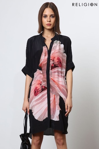 Religion Pink Floral Print Loose Fitting Tunic Shirt stone Dress (N73394) | £95